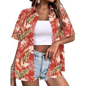 Women Red Hawaiian Button Down Shirts Short Sleeve Casual Floral Shirt